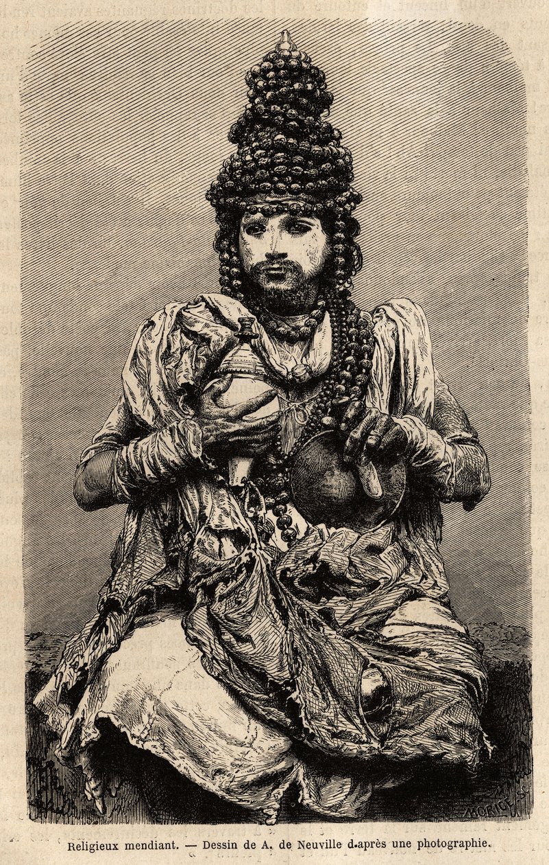 Ein bettelnder Mönch. Gravur zur Illustration der Reise in die südlichen Provinzen Indiens, von Alfred Grandidier, 1862-1864, veröffentlicht in "le tour du monde", unter der Leitung von Edouard Charton, Hachette, Paris 1869. Selva-Sammlung von Unknown artist
