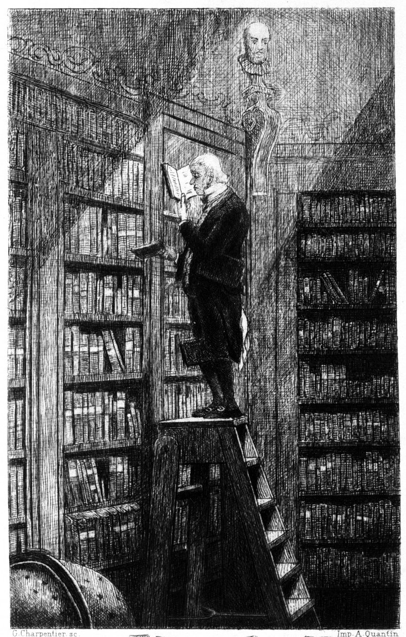 Ein Bibliothekar auf seiner Leiter, der Bücher auf Regalen untersucht. Gravur des 19. Jahrhunderts von Unknown artist
