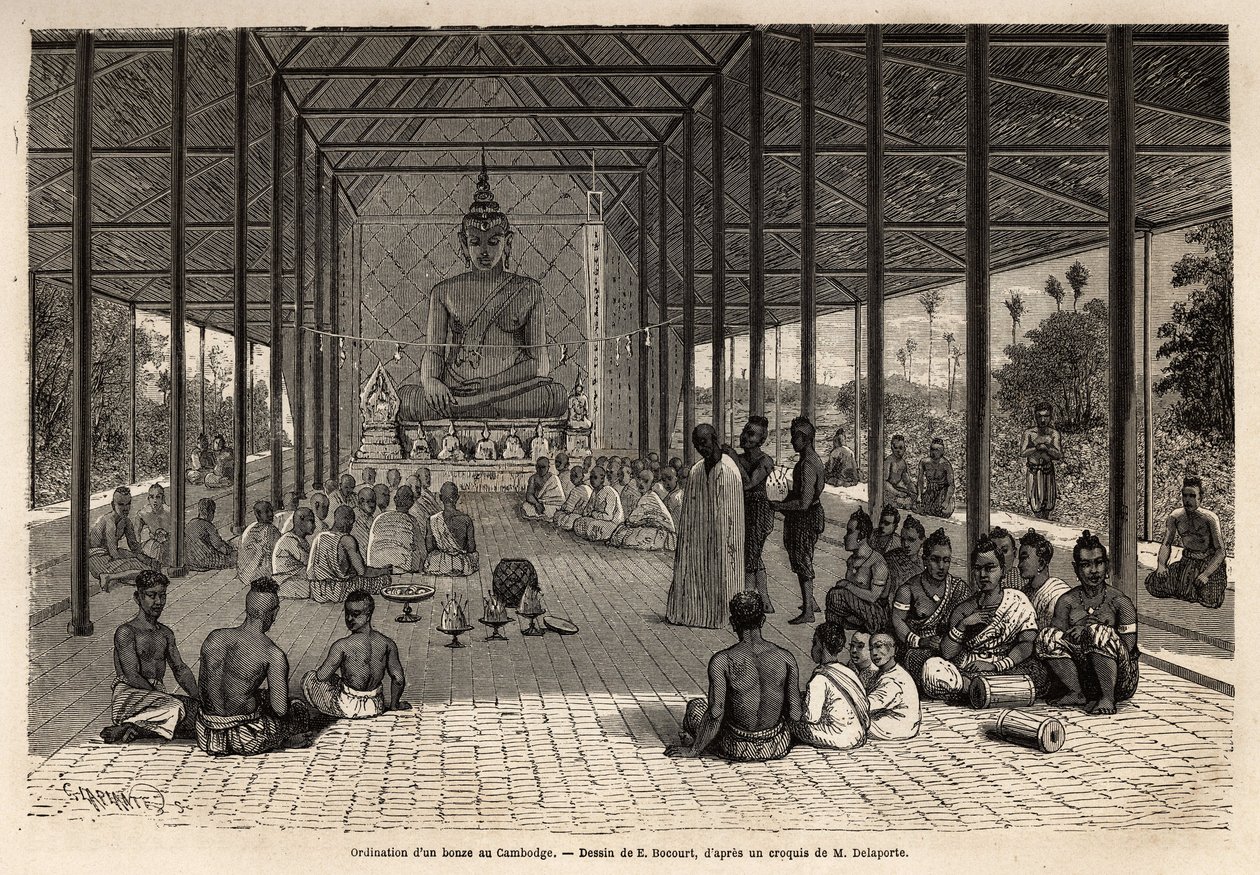 Eine Bonzen-Ordinationszeremonie in einem Tempel in der Nähe von Angkor, Kambodscha. Gravur zur Illustration der Entdeckungsreise in Indochina, von Francis Garnier, Leutnant de Vaissseau, 1866-1868, veröffentlicht in „Le tour du monde“ 1870-1871, herausgeg von Unknown artist