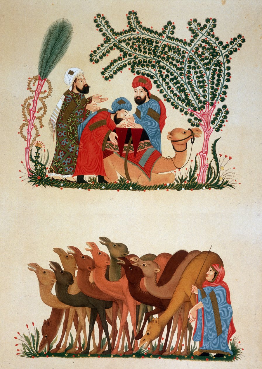 Eine Karawane in Bewegung. Illustration des 13. Jahrhunderts der „Maqamat“ (Seancen) von Abu Mohammed al-Kasim ibn Ali Hariri (oder Al-Hariri) (1054-1122) in „Arabische Kunst“ von den Denkmälern Kairos vom 7. bis zum 18. Jahrhundert von P von Unknown artist