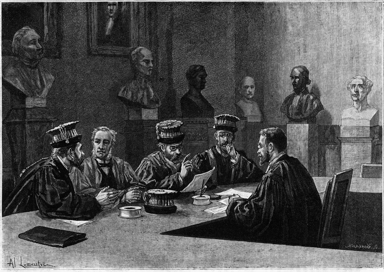 Eine Verteidigung dieser aus der medizinischen Fakultät des Quartier Latin in Paris. Gravur im „Le journal de la jeunesse“ von Unknown artist