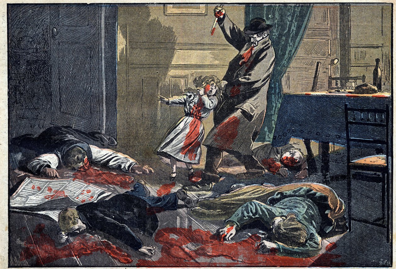 Eine ermordete Familie: Mord an der Familie Leblond durch Caillard, einen Wahnsinnigen, in Nassandre, nahe Bernay. Illustration in „Le Pelerin“ vom 10. April von Unknown artist