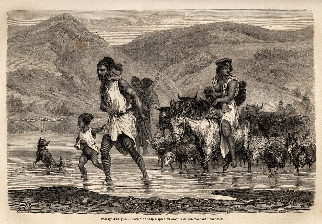 Eine Familie von Kabyle-Hirten überquert den Wadi Djema, um zum Beni Menguellet-Markt zu gehen, dem wichtigsten in der Region; das Familienoberhaupt wagt sich zuerst, gefolgt von seiner Familie und seiner Herde, zuerst die Schafe und danach der Großteil de von Unknown artist