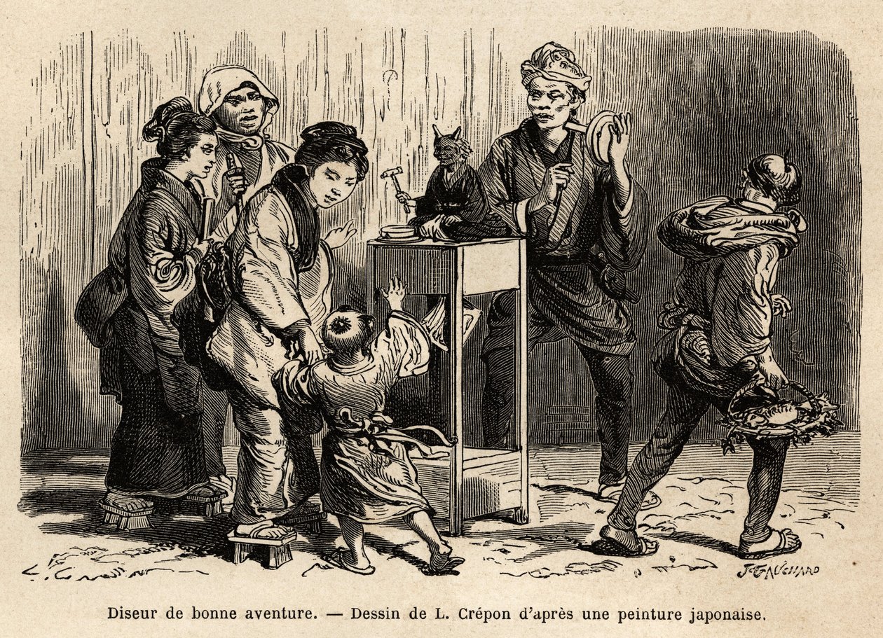 Eine Wahrsagerin auf den Straßen von Edo (heute Tokio). Gravur zur Illustration der Reise nach Japan, von Aime Humbert, Minister der Schweizerischen Eidgenossenschaft, 1863-1864, veröffentlicht in „Le tour du monde“, unter der Leitung von Edouard Charton,  von Unknown artist