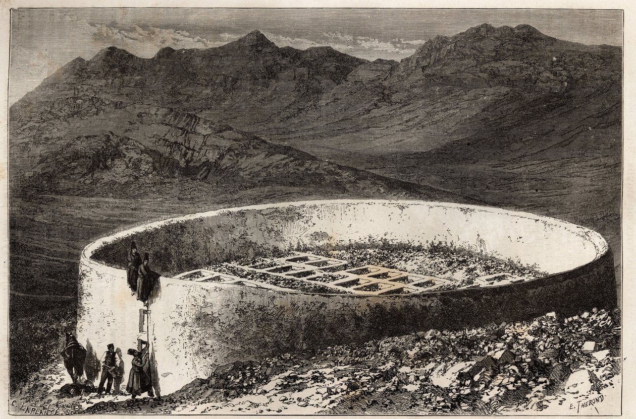 Ein Guebra (oder Zoroastrischer) Friedhof in der Nähe von Teheran (Iran), in Form eines großen Turms mit einem Umfang von 60 Metern und einer Höhe von 5 Metern; das Innere ist in gemauerte Boxen angeordnet, jede dient als Eingang zu den Gewölben oder Knoch von Unknown artist