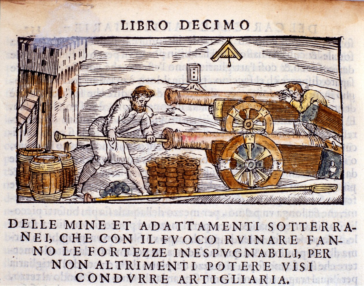 Ein Kanonier lädt eine Kanone mit Sprengstoff. Gravur aus der Metallurgie „De la Pyrotechnia“ (oder Pirotechnia) von Vannoccio Biringuccio (1480-1539) 1550 von Unknown artist