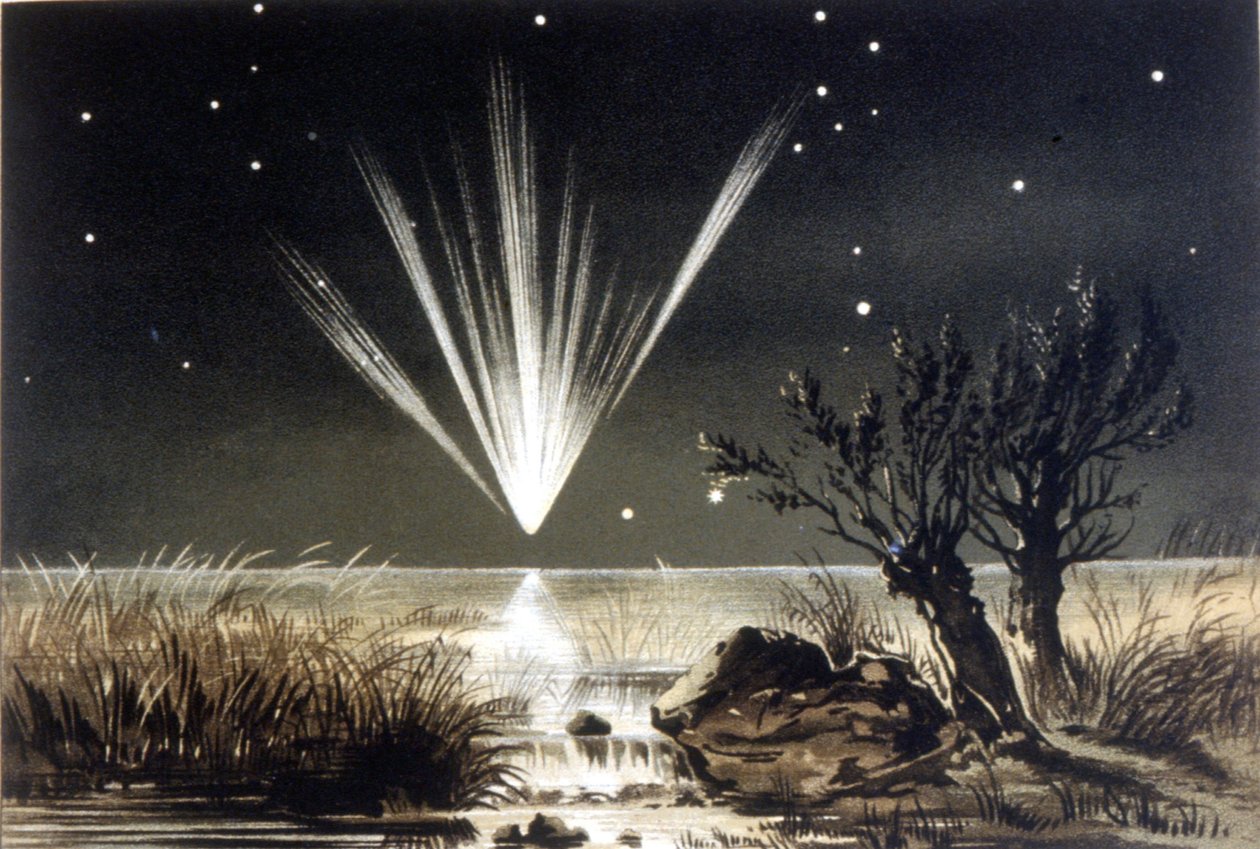 Ein Meteorit fällt ins Meer. Farblithographie aus dem späten 19. Jahrhundert von Unknown artist
