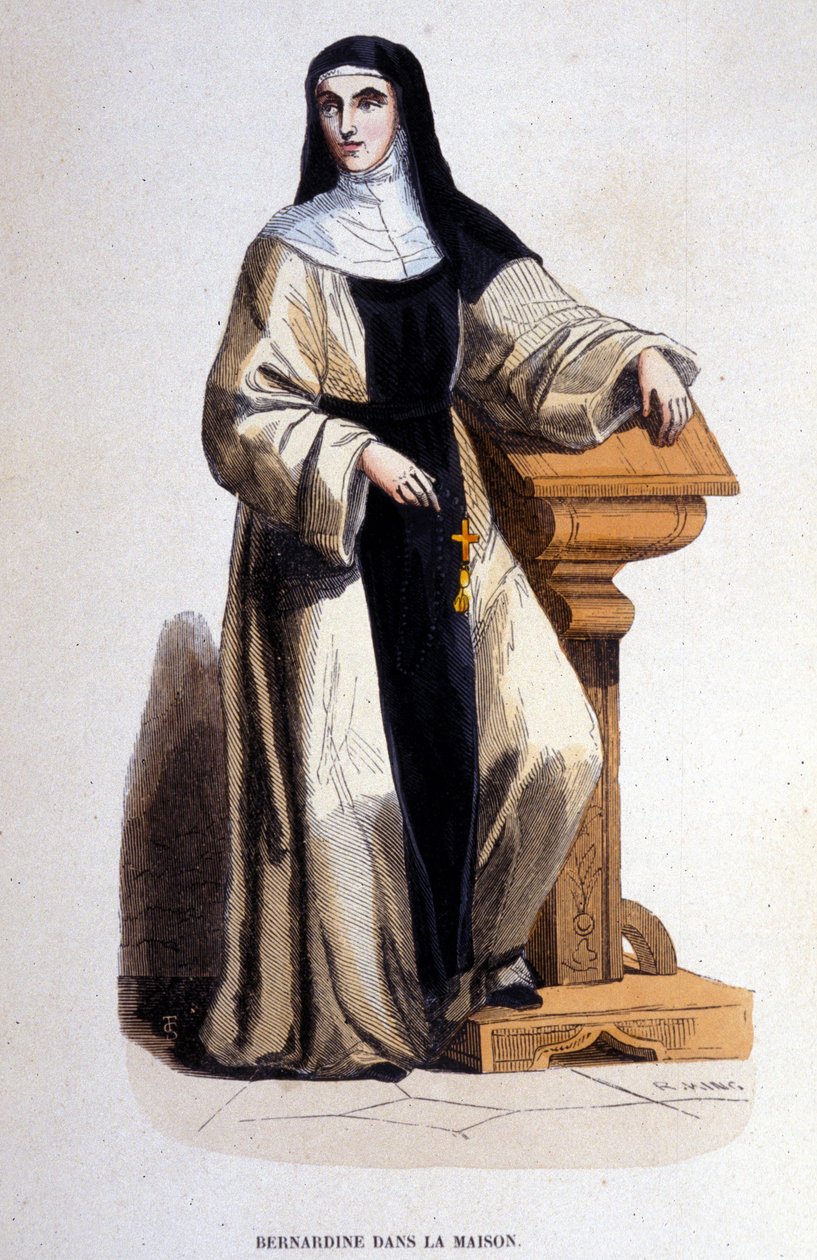 Eine Bernhardiner-Nonne, Mitglied des im 12. Jahrhundert von Bernhard von Clairvaux reformierten Benediktinerordens. Gravur aus dem 19. Jahrhundert von Unknown artist