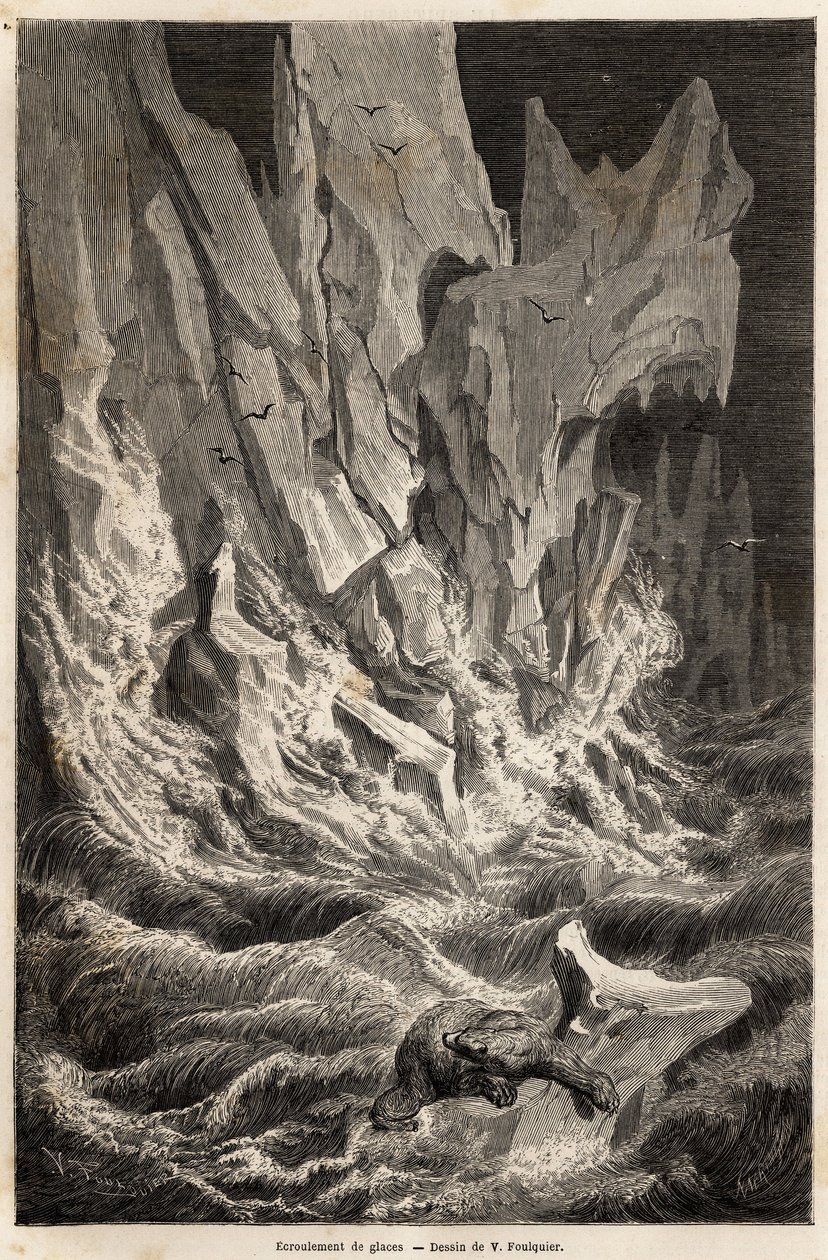 Ein Eisbär treibt auf einem Eisberg, nach dem Zusammenbruch eines Eisblocks von Spitzbergen, einem Archipel des Arktischen Ozeans, Zeichnung von V. Foulquier, zur Illustration von Spitzbergen in den Jahren 1838-1839, von Charles Martins. Gravur in „Le tour von Unknown artist