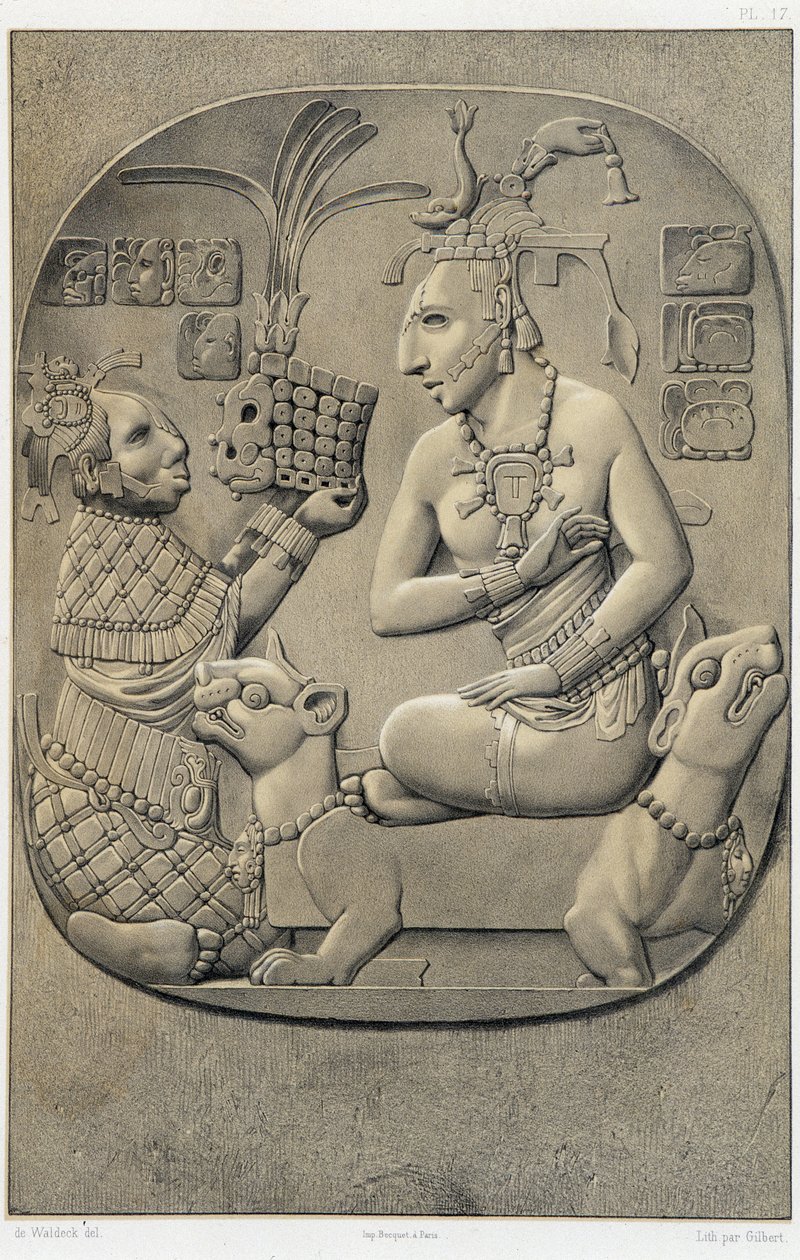 Eine Königin, die auf einem Sofa hockt und ein Geschenk von einer äthiopischen Frau erhält - in „Alte Denkmäler Mexikos: Palenqué und andere Ruinen der alten Zivilisation Mexikos“ von Brasseur de Bourbourg, Paris von Unknown artist