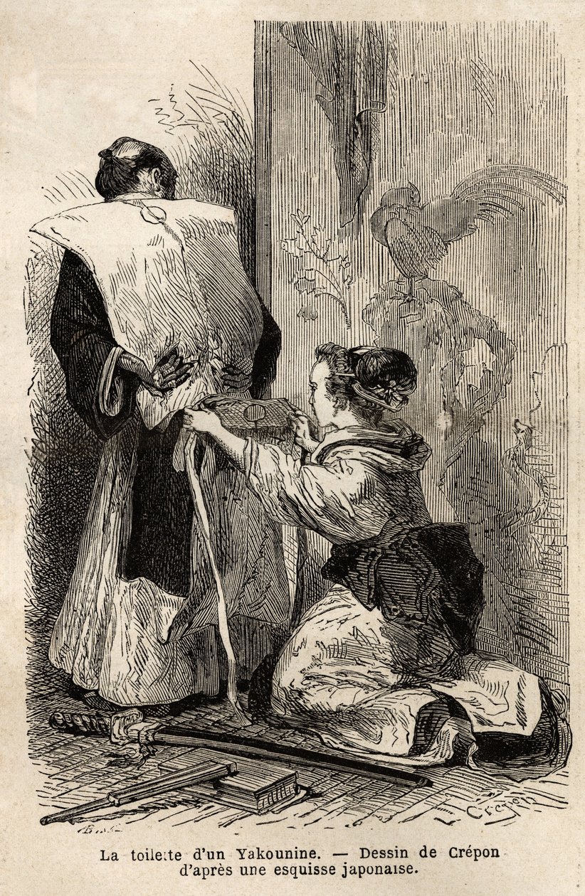 Die Toilette eines Samurai, eine junge Magd hilft ihr, ihren Kimono zu binden. Gravur zur Illustration der Reise nach Japan, in den Jahren 1863-1864, von Aime Humbert, Minister der Schweizerischen Eidgenossenschaft, in „Le tour du monde, nouveau journal de von Unknown artist