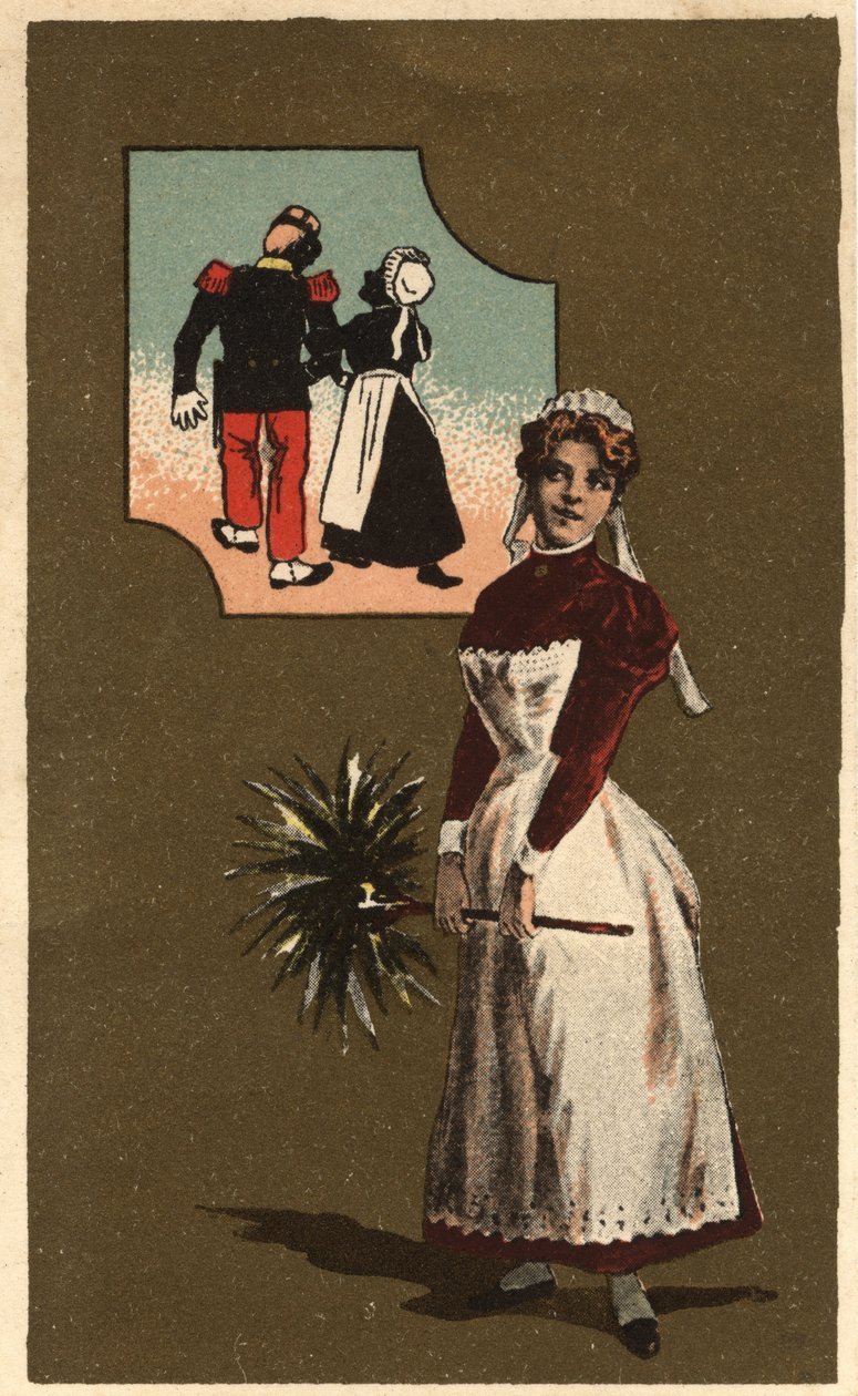 Eine Dienerin mit einer Feder. Sie träumt vom Arm eines hübschen Soldaten. Anonyme Chromolithographie, späte 19. Jahrhundert. von Unknown artist