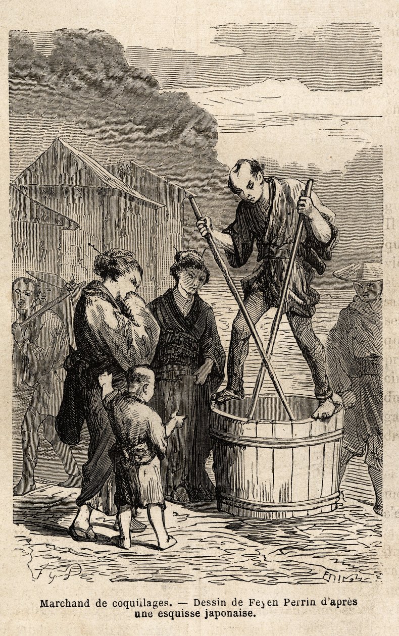Ein Muschelhändler balanciert auf einem Fass mit seinen Waren, die er mit zwei langen Stäbchen zieht. Gravur zur Illustration der Reise nach Japan, 1863-1864, von Aime Humbert, Minister der Schweizerischen Eidgenossenschaft, in "Le tour du monde, nouveau j von Unknown artist
