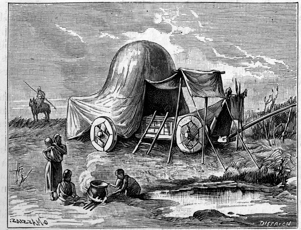 Ein Zelt auf einem Wagen aus der Zeit der Gallier. Stich in „La Nature: revue des sciences et de leurs applications aux arts et a l