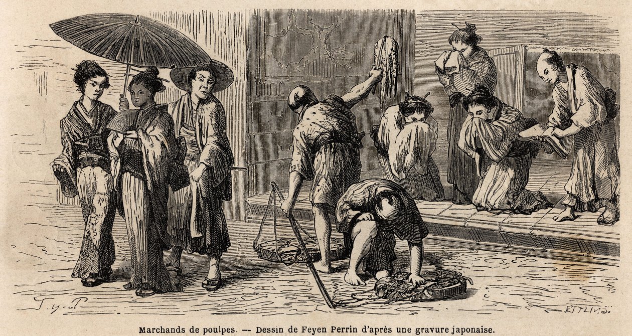Ein reisender Oktopus-Händler bietet seine Produkte den Passanten auf der Edo-Straße (heute Tokio) an. Illustration der Reise nach Japan, 1863-1864, von Aime Humbert, Minister der Schweizerischen Eidgenossenschaft, in "Le tour du monde, nouveau journal" von Unknown artist