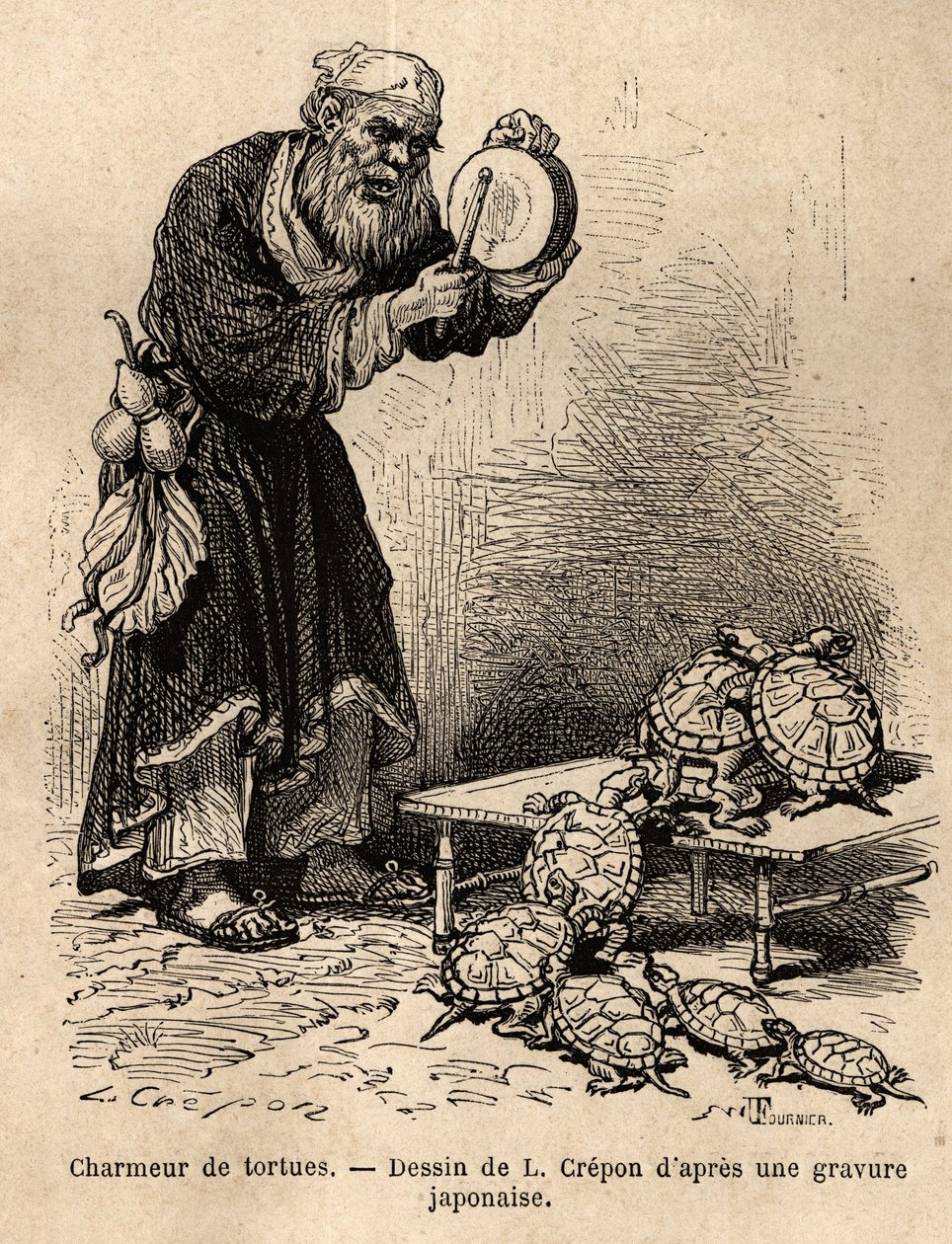 Ein Schildkrötenzauberer, der zur Zwischenstufe zwischen Bettlern und Feen-Schwindlern gehört. Gravur zur Illustration der Reise nach Japan, von Aime Humbert, Minister der Schweizerischen Eidgenossenschaft, 1863-1864, veröffentlicht in „Le tour du monde“ von Unknown artist