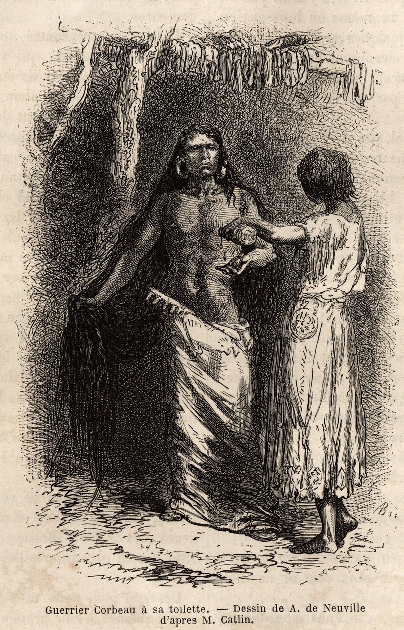 Ein Krieger des Crow-Indianerstammes (Krähen), der entlang des Lewis River lebt, bei seiner Toilette. Gravur zur Illustration eines Ausflugs unter die Indianerstämme der Becken von Kolumbien und Oberer Missouri, von G. Catlin, 1855, veröffentlicht in "Le t von Unknown artist