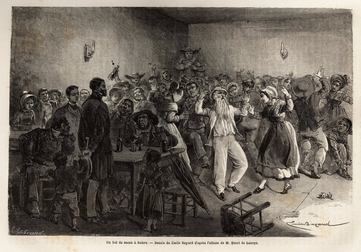 Ein Hochzeitsball in Salers, Gravur zur Illustration einer Reise zu den Vulkanen Zentralfrankreichs 1864, in „Le tour du monde, nouveau journal des voyages“ herausgegeben von Edouard Charton von Unknown artist