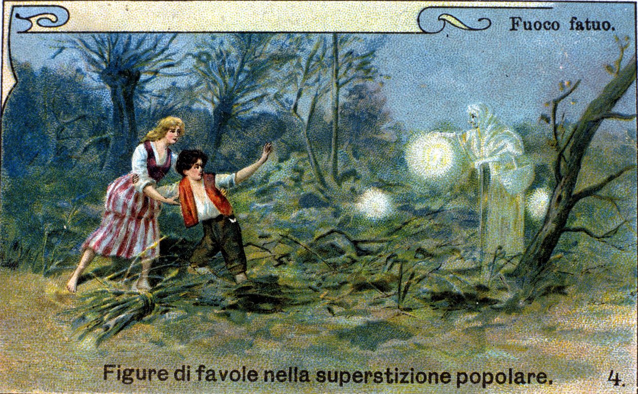 Ein Irrlicht, ein diffuses Licht, das nachts in der Nähe von Sümpfen und Friedhöfen zu sehen ist, soll ein cleverer Geist aus der Volkstradition sein. Chromolithographie des 19. Jahrhunderts. von Unknown artist