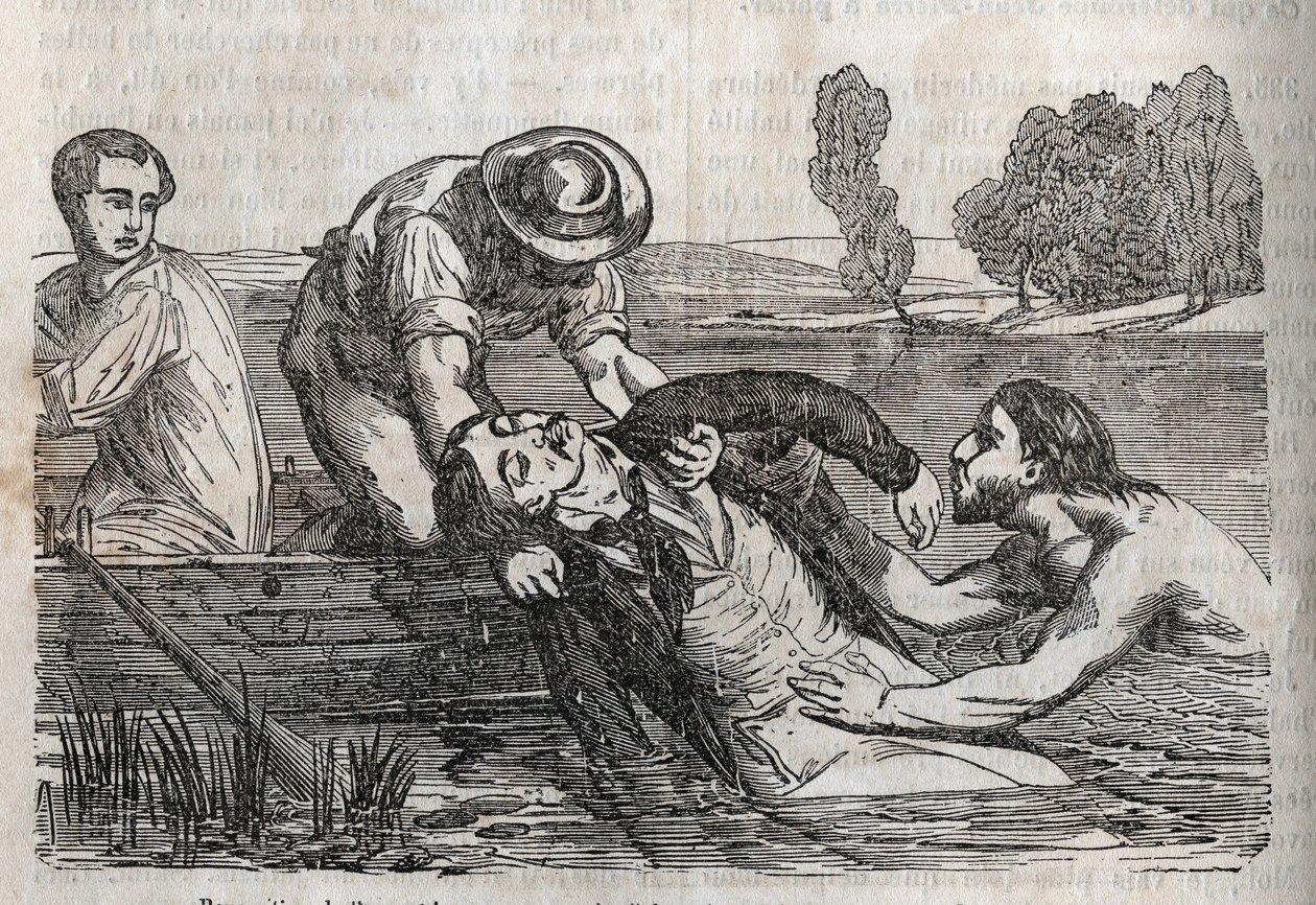 Unfallmedizin - über die wirksamste Hilfe für Ertrinkende - um einen Ertrinkenden aus dem Wasser zu holen, muss man es so bequem wie möglich tun - Gravur in „La Sante Universelle - Guide Medical des Familles“ 1852 von Unknown artist