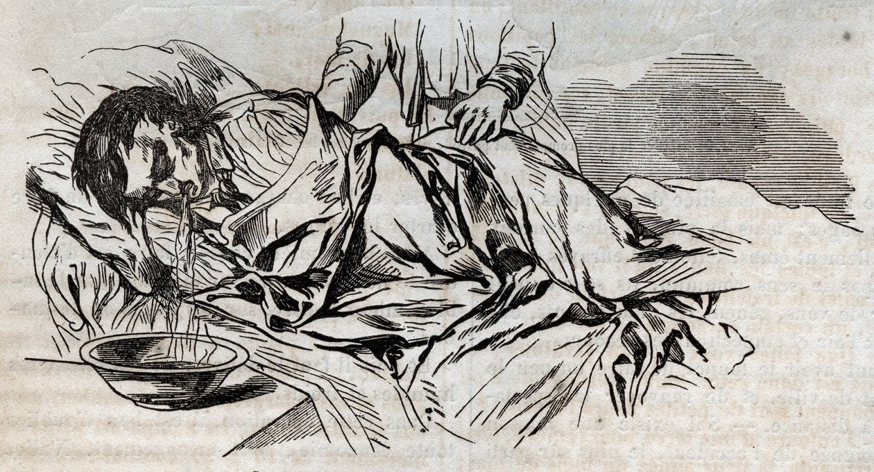 Unfallmedizin - über die wirksamste Hilfe für Ertrunkene - die Walnusswindeln auf der Seite und das Erbrechen des getrunkenen Wassers - Gravur in „La Santé Universelle - Guide Médical des Familles“ 1852 von Unknown artist