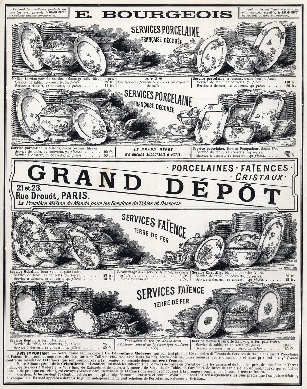 Werbung von 1889 für „La Céramique Moderne von Le Grand Dépôt De Porcelaines, Faïences Et Verreries Bourgeois in Paris“ von Unknown artist