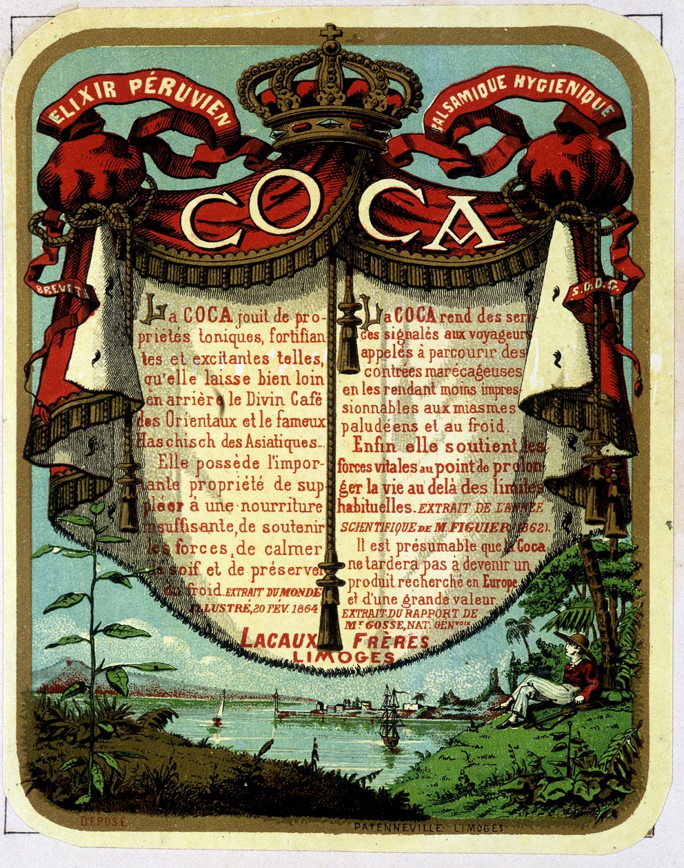 Werbung für Coca (Produkt aus Kokain): „Das peruanische balsamische hygienische Elixier COCA“, Chromolithographie des 19. Jahrhunderts von Unknown artist