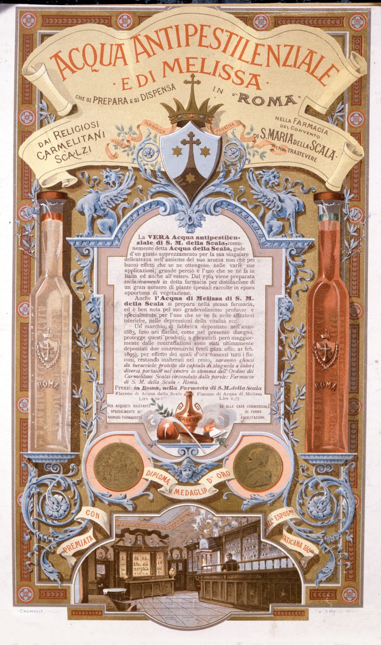 Werbung für duftendes Wasser: Wasser gegen Zitronenmelissenpest. Chromolithographie von 1895 von Unknown artist