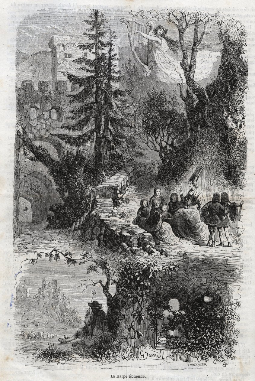 Äolische Harfe - Windharfe - Arpa eolia - Windharfe - Musikinstrument, das vom Wind gespielt wird - Gravur von 1860 von Unknown artist