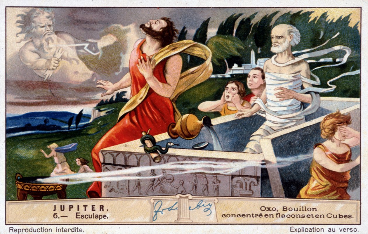Aesculapus stirbt, von Jupiter getroffen, weil er die Toten auferweckt hat - Oxo Chromolithografie, produziert von Liebig von Unknown artist