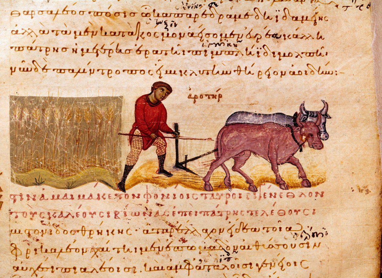 Landwirtschaft: Pflügszene. Miniatur aus „Die Cynegetik“ von Oppian von Syrien, gewidmet Caracalla von Unknown artist