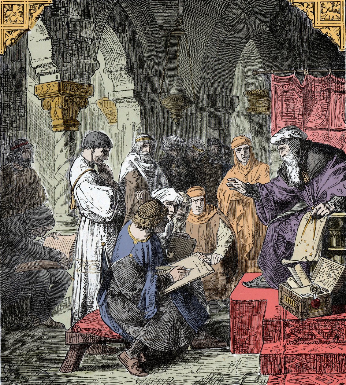 Alchemie und Astrologie in den Schulen gelehrt - Wissenschaftsbildung im Mittelalter: Ein Lehrer hält einen Vortrag über Astronomie und Alchemie für junge Leute von Unknown artist