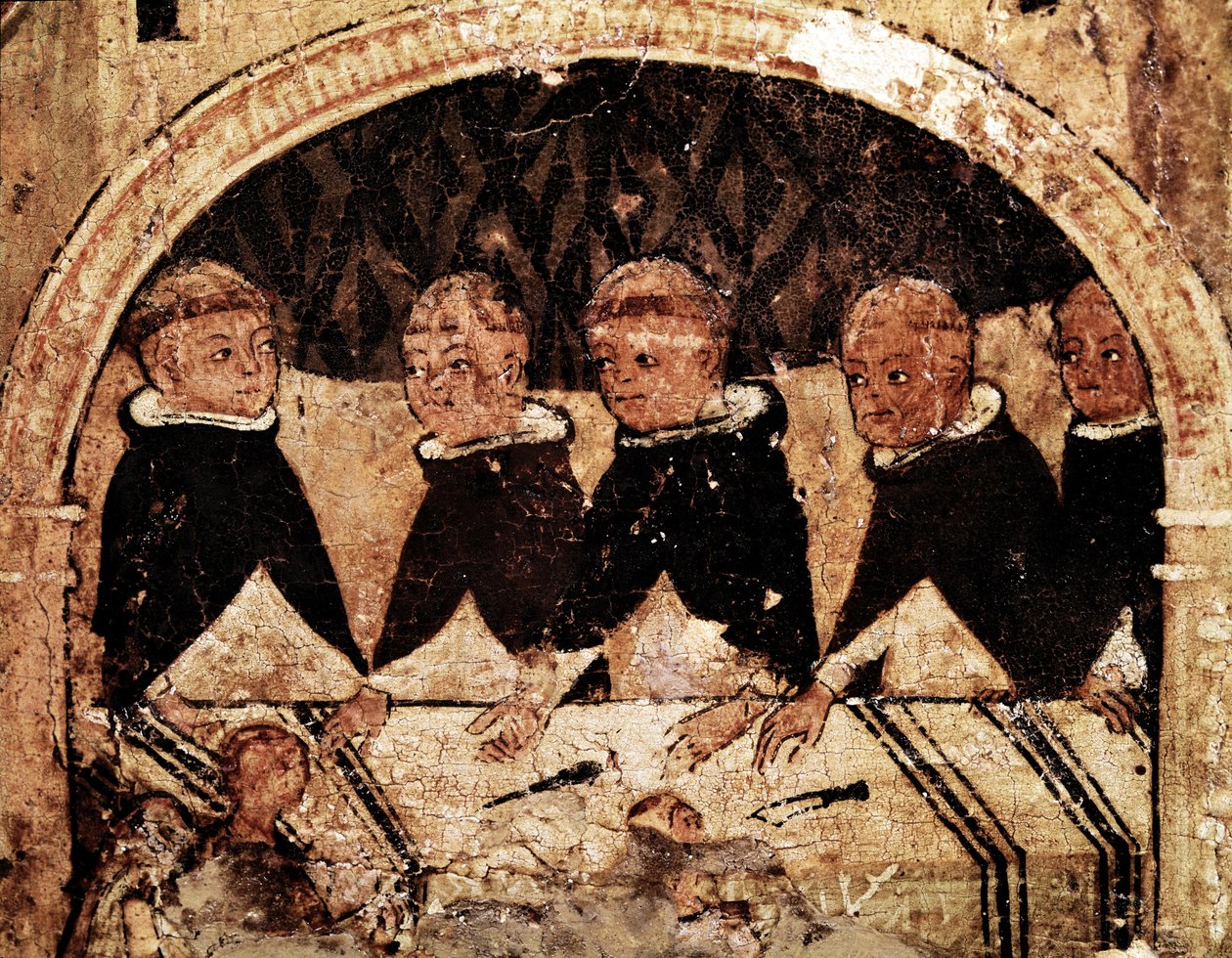 Altarbild des Lebens von Heiligem Dominikus von Guzman, Gründer des Dominikanerordens: Gruppe von Dominikanermönchen am Tisch. Gemälde auf Holz aus dem 13. Jahrhundert von Unknown artist