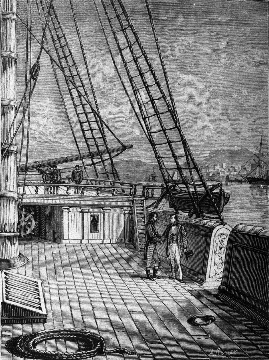 Amerikanischer Erfinder Samuel Finley Breese Morse (1791-1872) an Bord des Schiffes „Sully“ am 13.10.1832. Auf dieser Reise entwickelte er die Grundlagen für die Erfindung des Telegraphen. Gravur des 19. Jahrhunderts von Unknown artist