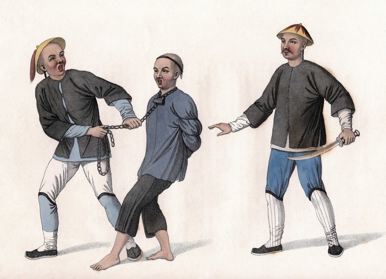 Ein Angeklagter wird ins Gefängnis gebracht, an einer Kette um den Hals gebunden. Gravur, in „Die Strafen der Chinesen“, London von Unknown artist