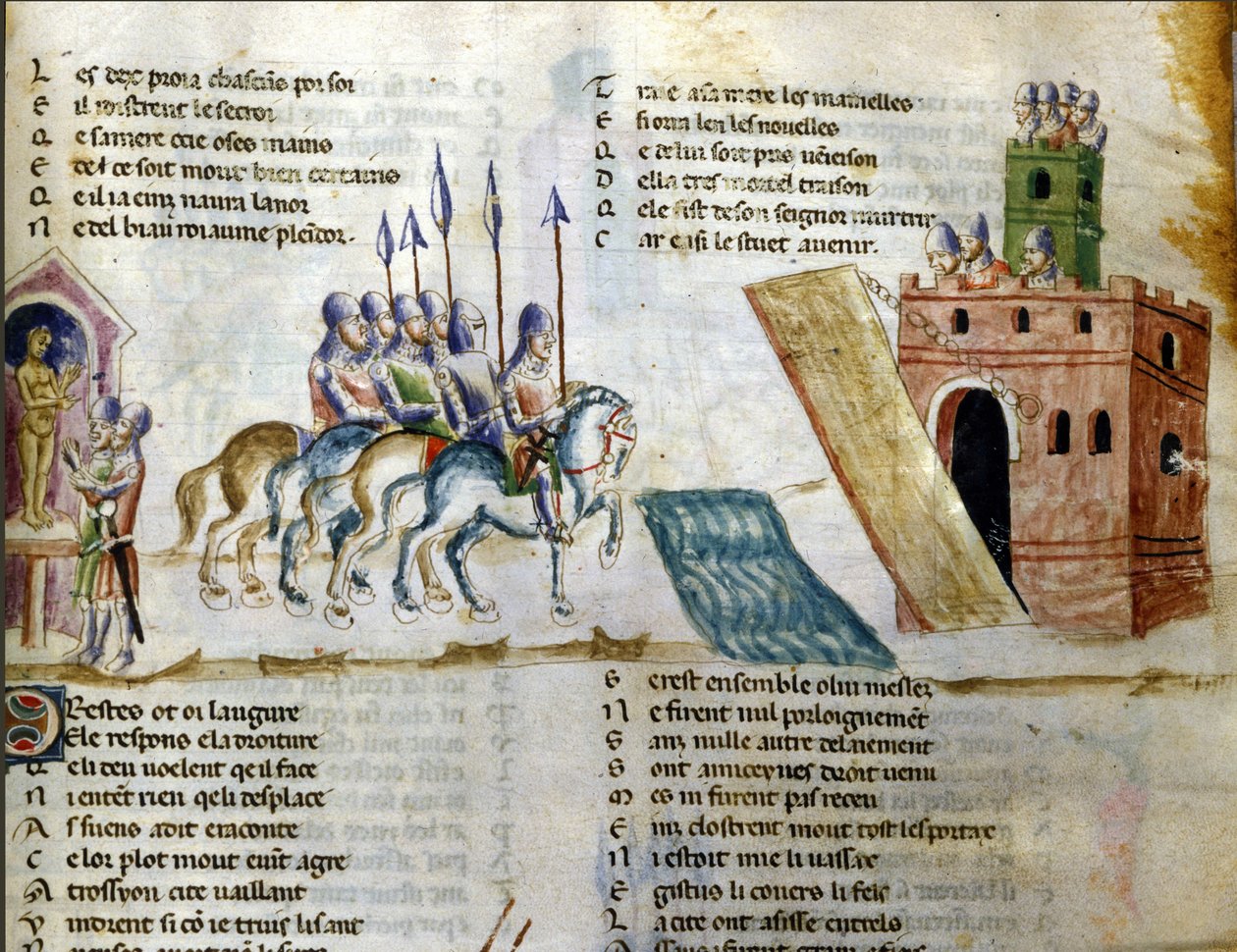 Eine Armee nähert sich einer Burg. Miniatur aus dem „Roman de Troy“ von Benoit de Sainte Maure. 14. Jahrhundert, Biblioteca Marciana, Venedig von Unknown artist