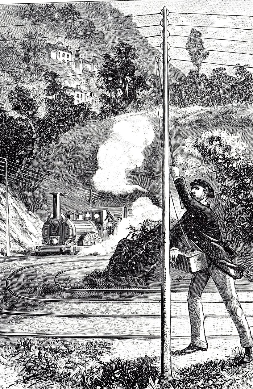Eine Gravur, die einen Zugarbeiter zeigt, der ein Notsignal auf einem Eisenbahntelegraphen sendet von Unknown artist
