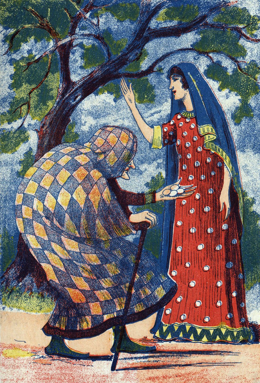 Eine alte Dame gibt Florine vier Eier. Anonyme Illustration zu „Der blaue Vogel“ von Madame d