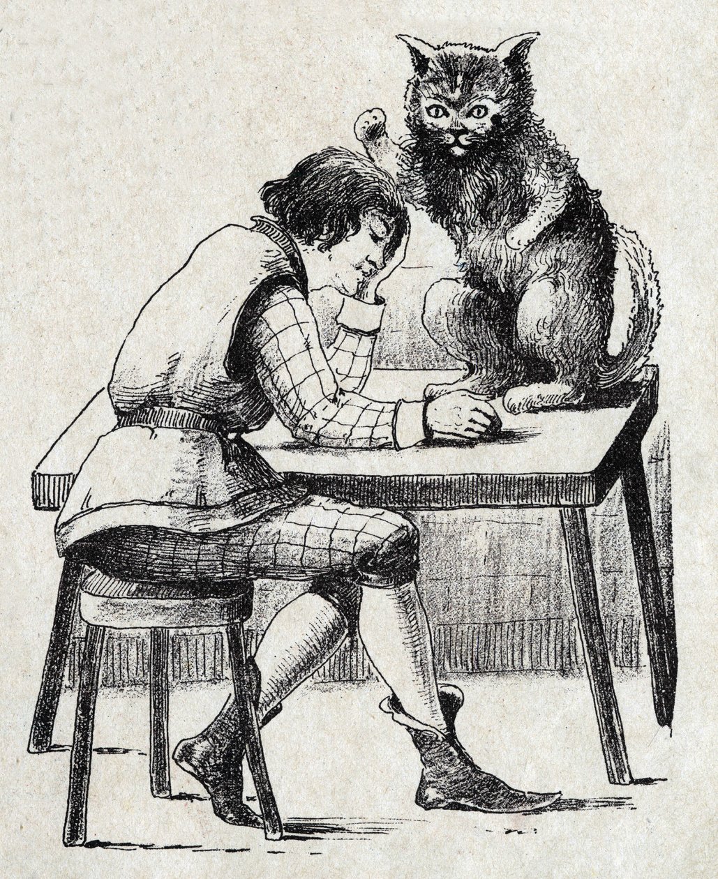 Anonyme Illustration für „Der gestiefelte Kater“, Märchen von Charles Perrault (1628-1703), französischer Schriftsteller. Bild von Marcel Vagne, Jarville Nancy, undatiert (spätes 19. Jahrhundert) von Unknown artist