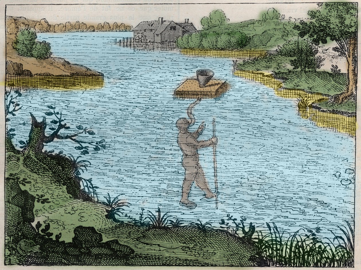 Gerät, das es einem Taucher ermöglicht, unter Wasser zu atmen - Eine Methode, die von den Älteren verwendet wurde, um Flüsse zu überqueren, Gravur in „Utriusque cosmi maioris scilicet et minoris metaphysica, physica atque technica Historia“ von Unknown artist