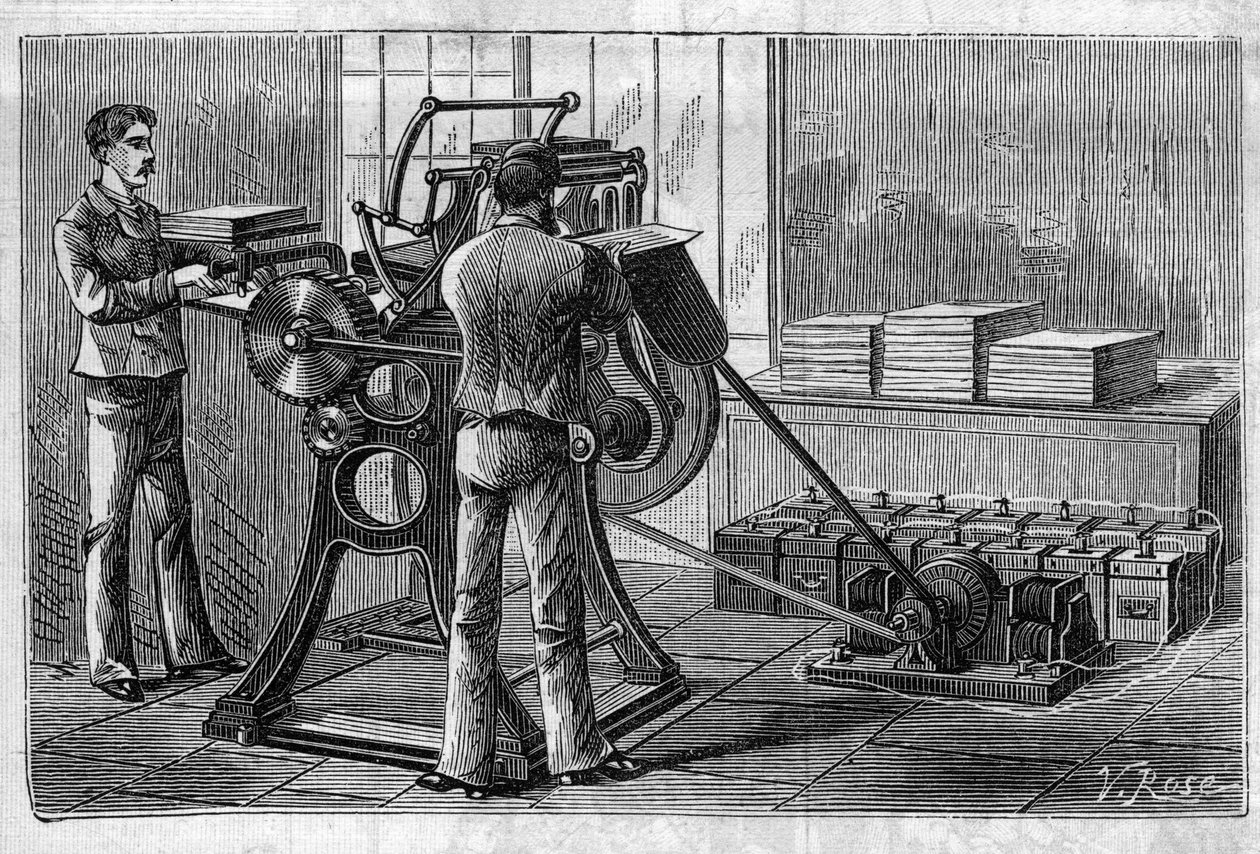 Anwendung von Faure-Batterien: Drucker, betrieben durch den Akkumulator. Gravur in „Le Monde Illustré“. von Unknown artist