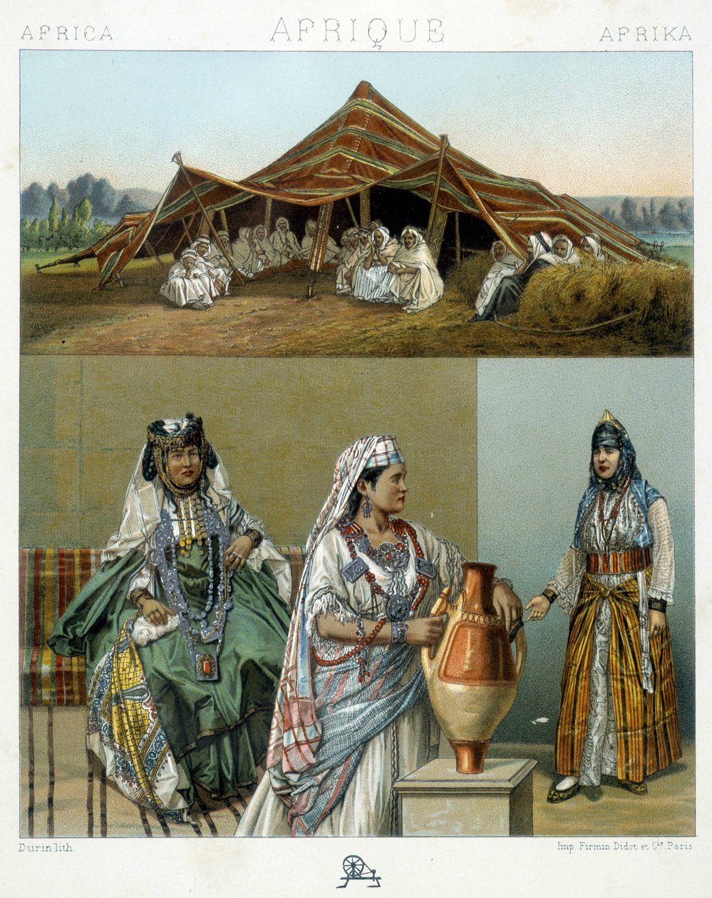 Arabisches Zelt, algerische Frauenkostüme - in „Le costume historique“ von Racinet von Unknown artist