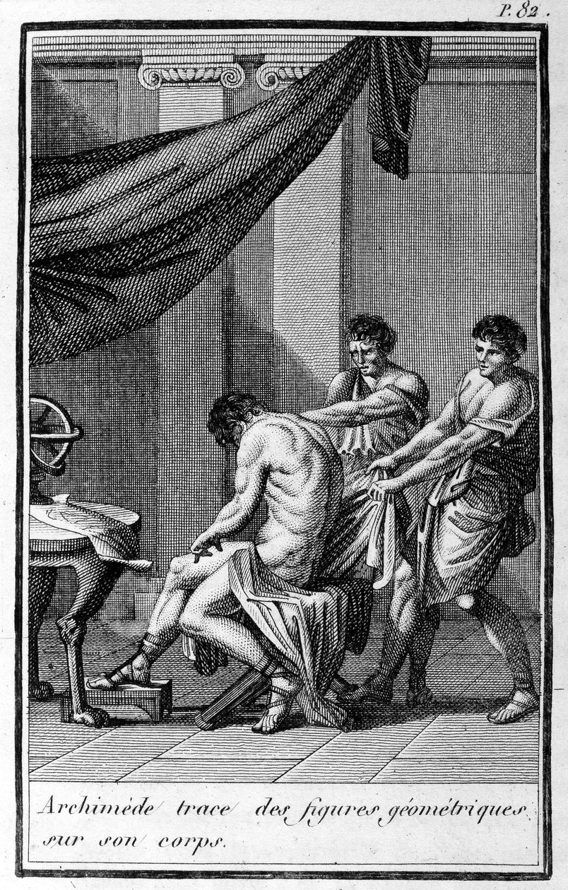 Archimedes zeichnet geometrische Figuren auf seinen Körper von Unknown artist