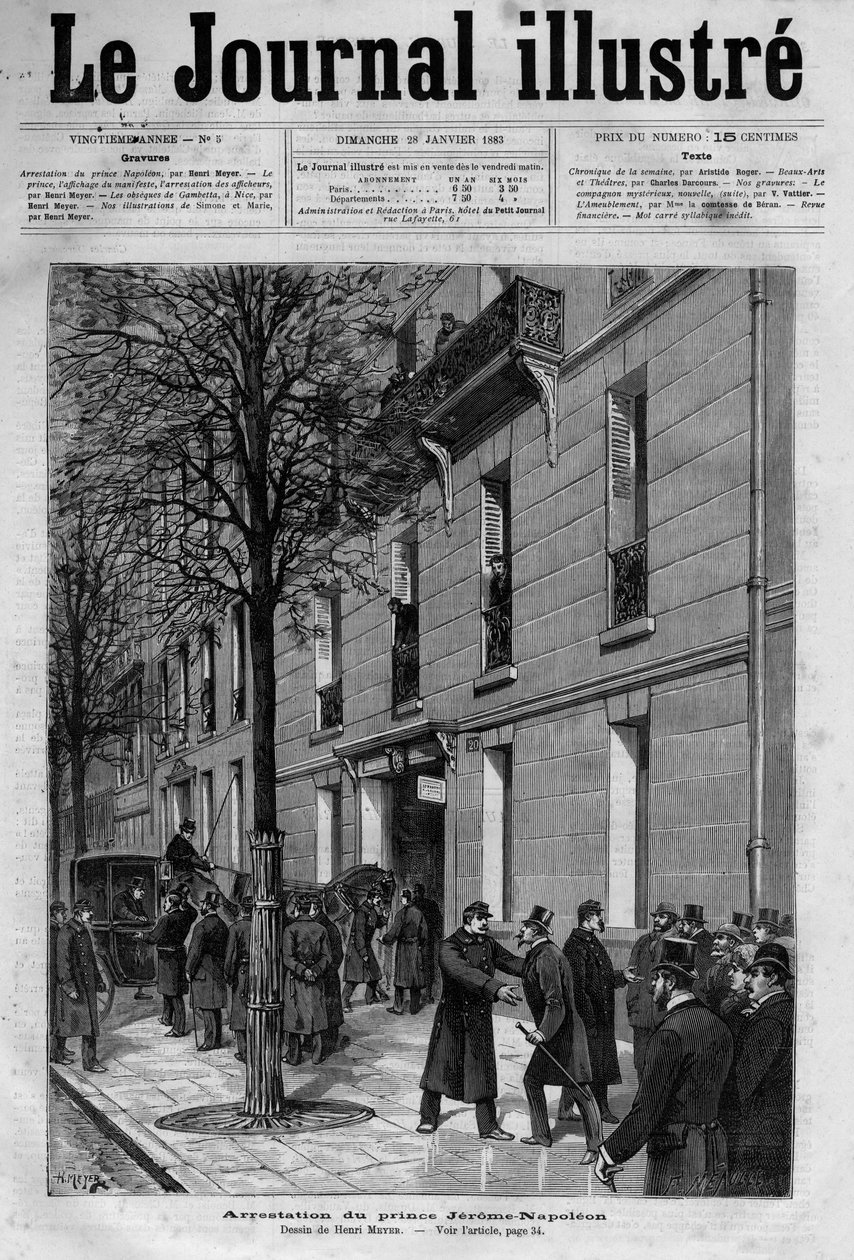 Verhaftung von Jérôme Bonaparte, genannt Plon-Plon (1822-1891) (Napoleon-Jérôme Bonaparte oder Prinz Jérôme Napoleon), Sohn von Jérôme Bonaparte (1784-1860) - Titelblatt von „Le journal illustré“ von 1883 von Unknown artist