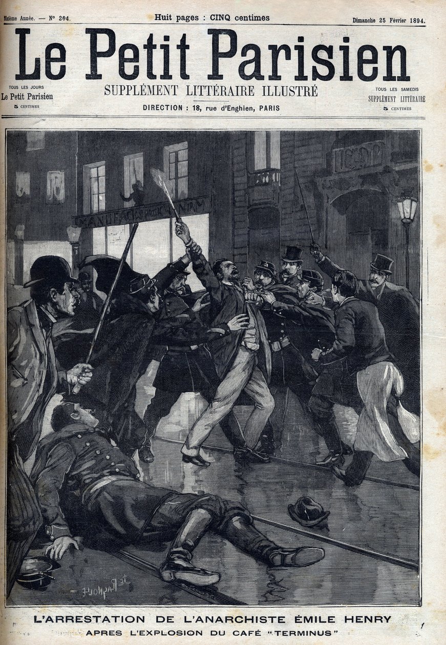 Verhaftung des Anarchisten Emile Henry (1872-1894) nach der Explosion des Cafés „Terminus“ in Paris. Gravur in „Le Parisien“ von Unknown artist