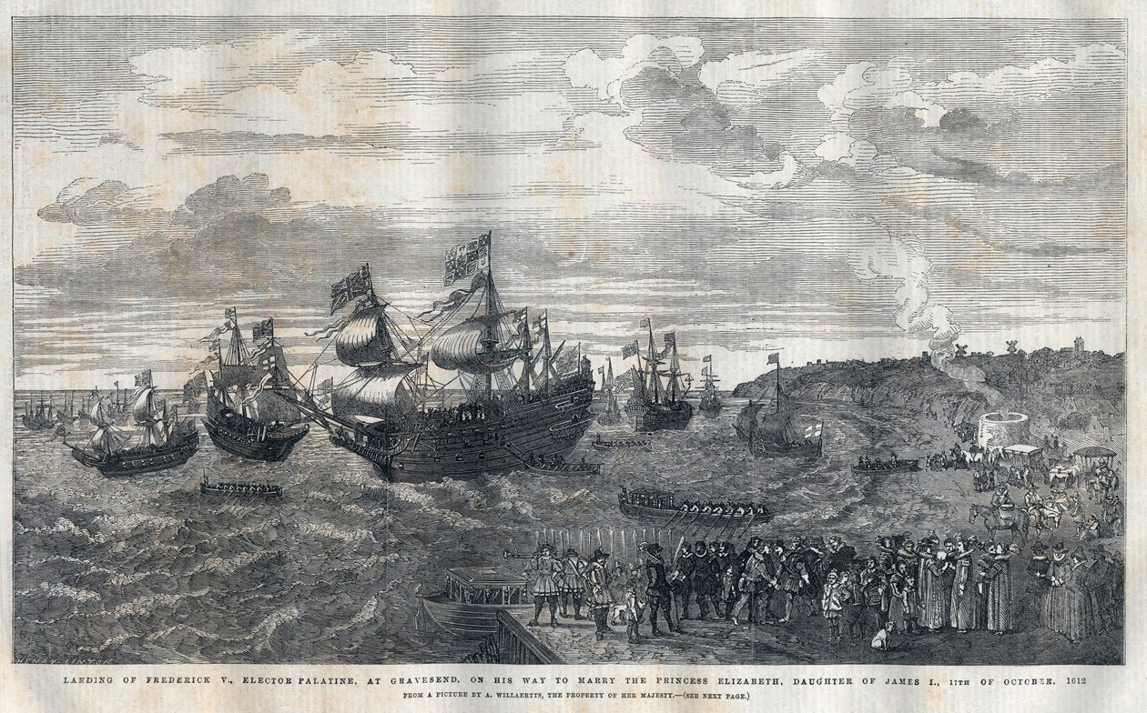 Ankunft von Friedrich V. von der Pfalz (1596-1632) im Hafen von Gravesend zur Heirat mit Prinzessin Elisabeth von England (1596-1662), Tochter von König James I. (1566-1625) am 16. Oktober 1612. Er wurde von James Hay (1. Earl of Carlisle) empfangen. von Unknown artist