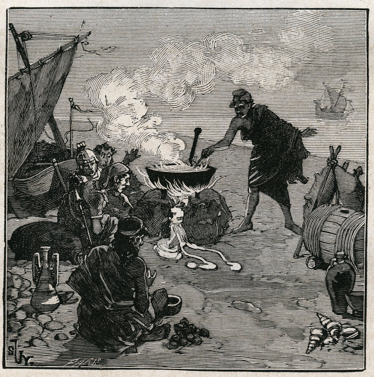 Die Kunst des Glases: Entdeckung der Vitrifikation nach Plinius dem Älteren (23-79 n. Chr.). In der Antike scheiterten Händler an einem Strandfeuer mit Kali-Pflanzen unter den Brennstoffen. Diese Pflanzen liefern genug Soda, um Glas durch Mischen mit Sand  von Unknown artist