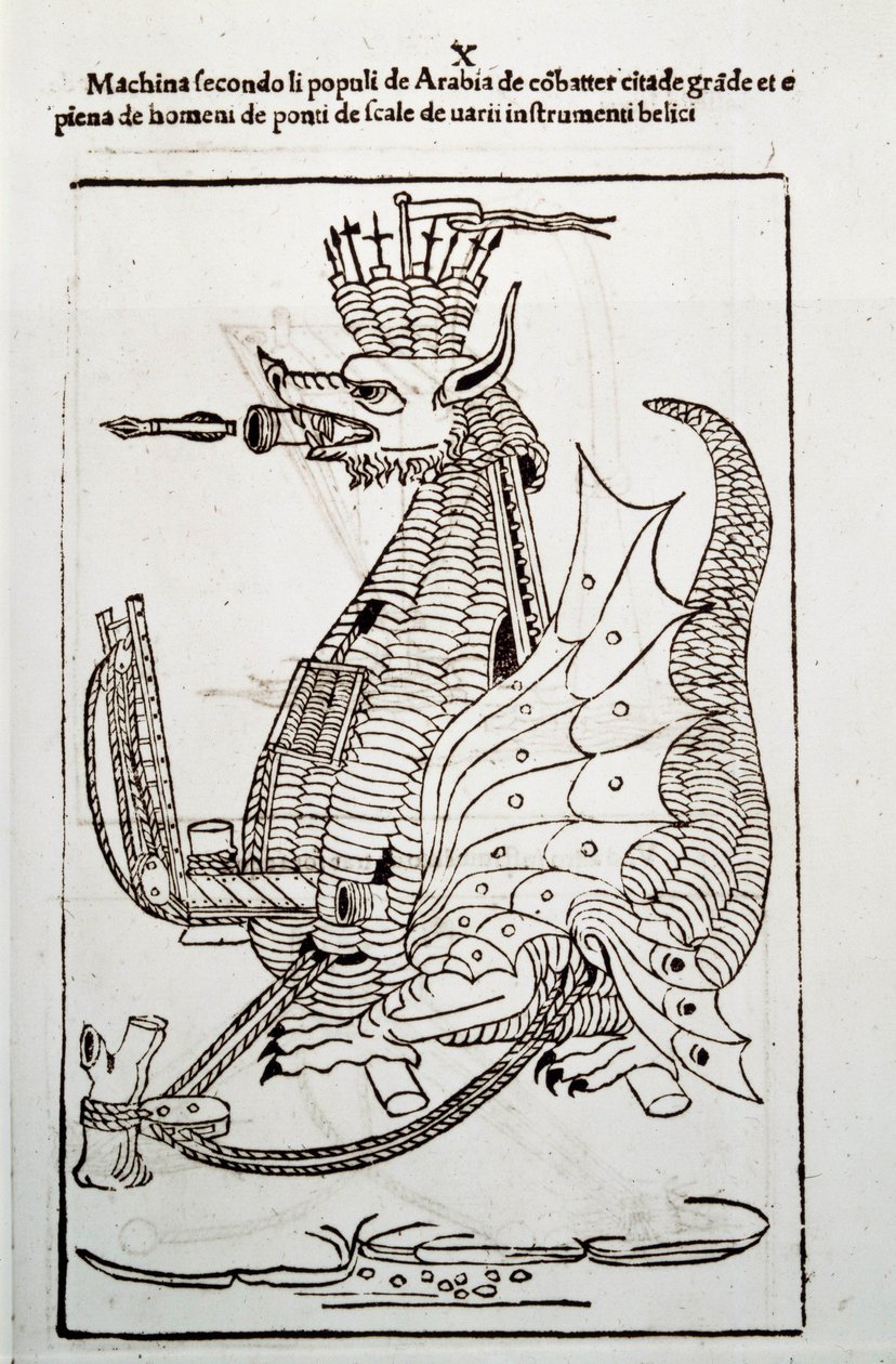 Kunst des Krieges: Studie über militärische Maschinen. „Arabica machina“, arabische Maschine zur Belagerung einer Stadt, Illustration aus 