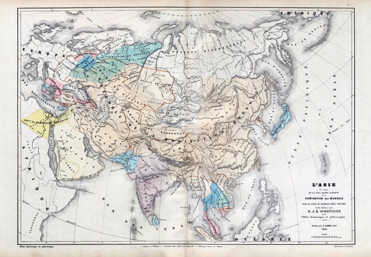 Asien zur Zeit der größten Ausdehnung der mongolischen Herrschaft unter der Herrschaft von Qubilai (Kubilai Khan) (1260-1294) - Karte erstellt von M J-H Schnitzler, Historischer und malerischer Atlas 1857 von Unknown artist