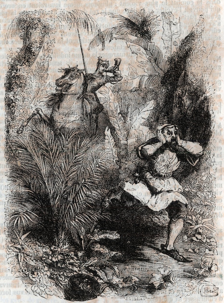 Astolphe lässt Caligorant fliehen - Gravur von 1851 aus „Furioser Roland“ (Orlando furioso) (16. Jahrhundert) von Ludovico Ariosto, bekannt als der Ariosta - Ausgabe übersetzt aus dem Italienischen von Graf von Tressan und veröffentlicht von Gustave Harvar von Unknown artist